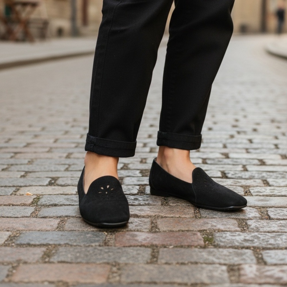 Gentle souls Black Suede Leather Slip-on Moccasin Flats Rubber Sole
